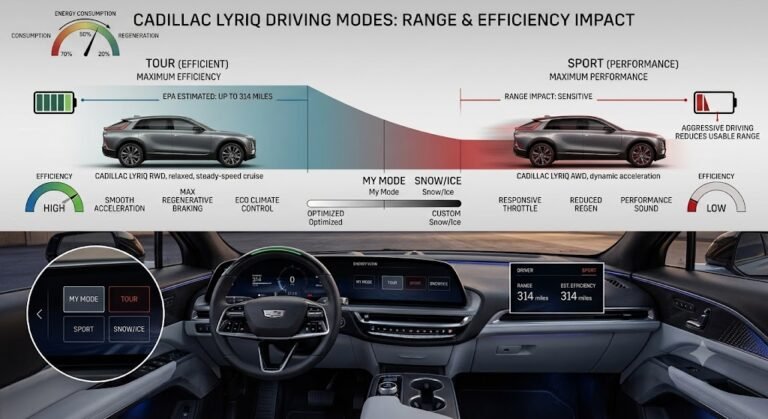 Do the driving modes in cadillac lyriq offer different ranges or battery usages?